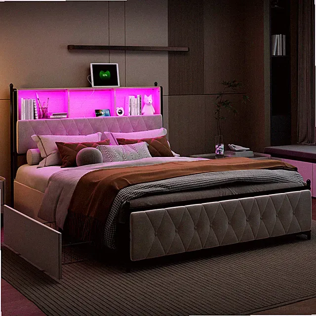 Polsterbett 180x200cm Doppelbett Schubladenbett Stauraumbett Bettkasten LED DE .