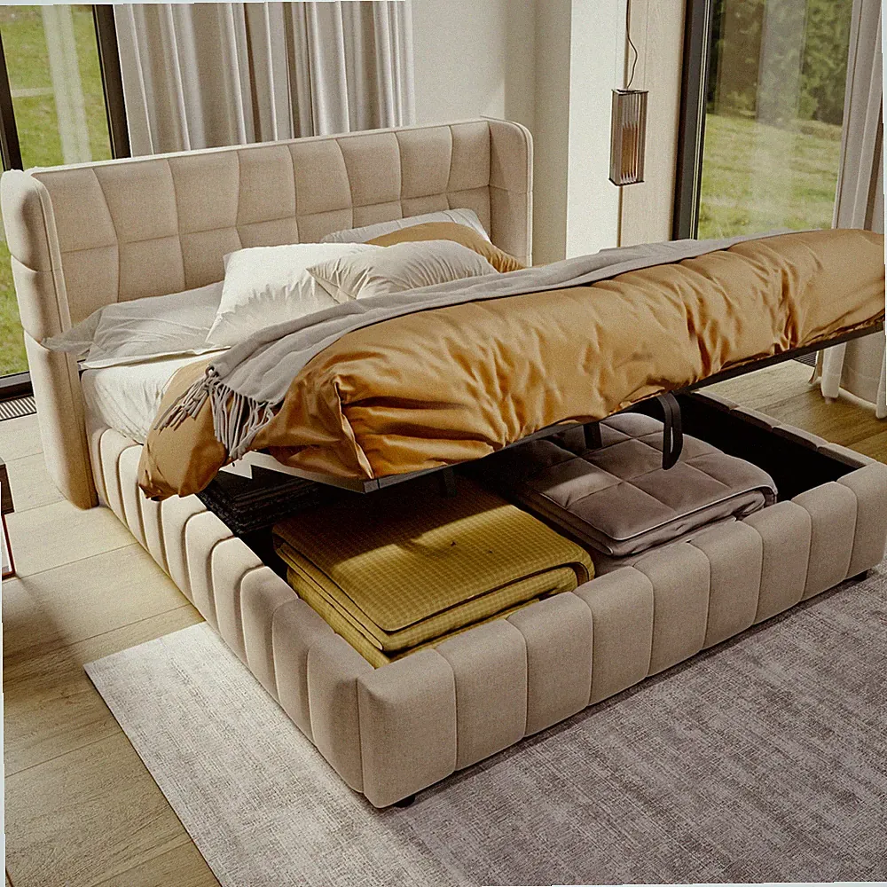 Polsterbett 180x200cm,Lattenrost,Kopfteil und pneumatischem Stauraumsystem,Beige