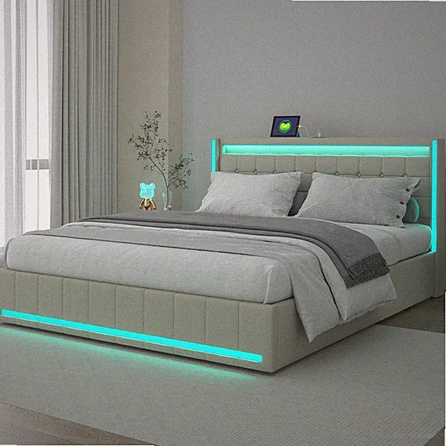 Polsterbett 180x200cm mit LED USB Bettgestell mit Lattenrost Stauraum Doppelbett