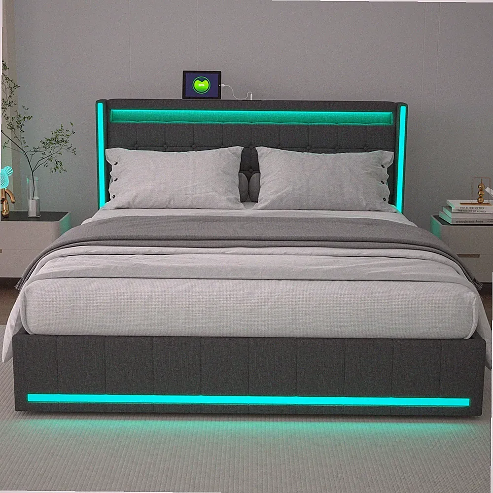 Polsterbett 180x200cm mit LED&USB Bettgestell mit Lattenrost Stauraum Doppelbett