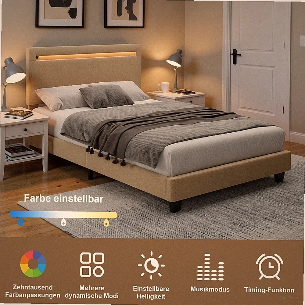 Polsterbett 90/120x200 cm mit LED & Lattenrost,Doppelbett mit Lattenrost,Grua