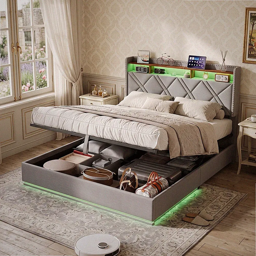 Polsterbett 90/140/160 Boxspringbett Stauraum Doppelbett mit Lattenrost LED/USB