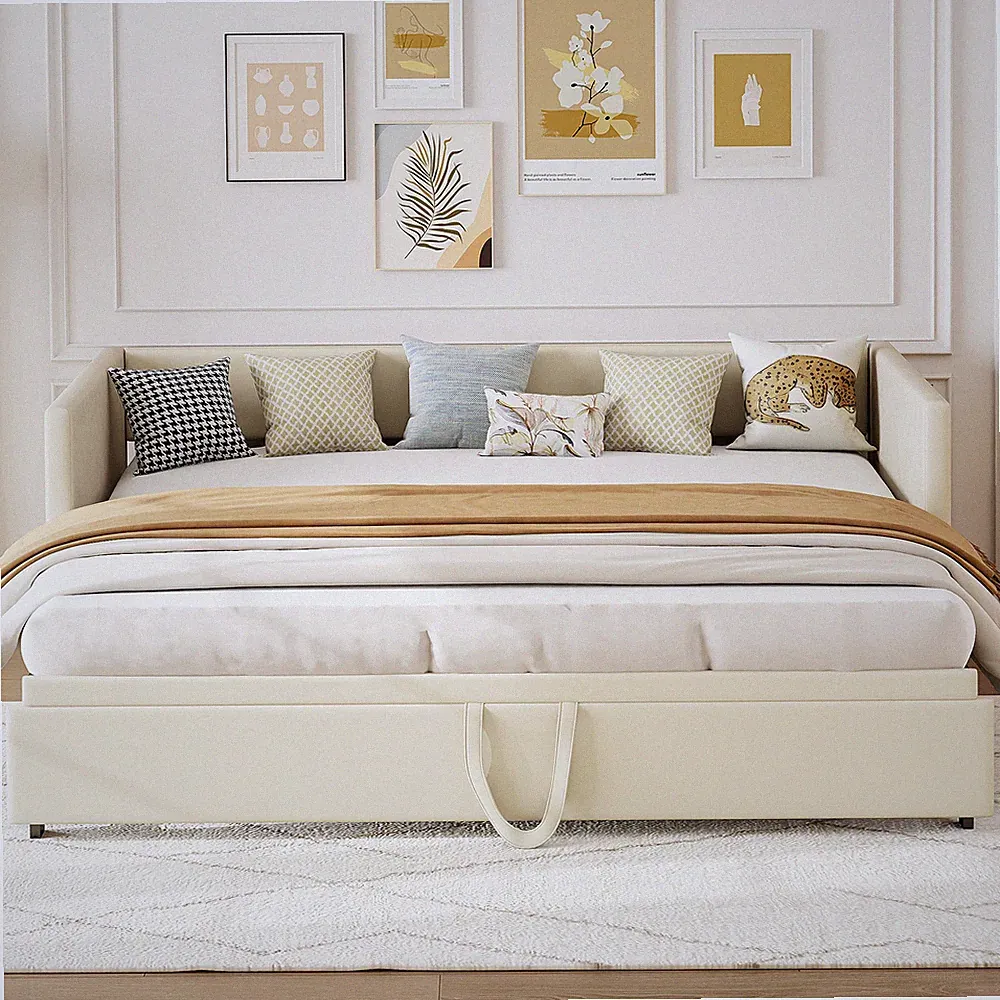 Polsterbett 90/180x200 Sofabett Gästebett Tagesbett Bettgestell Ausziehbar Beige
