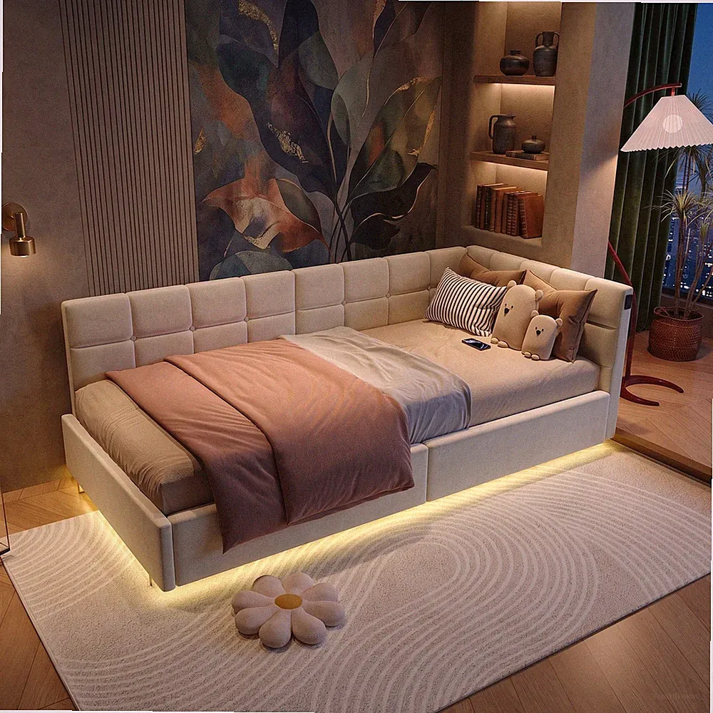 Polsterbett-90*200 cm, Schlafsofa,mit RGB und hydraulischem, USB, Lattenrost