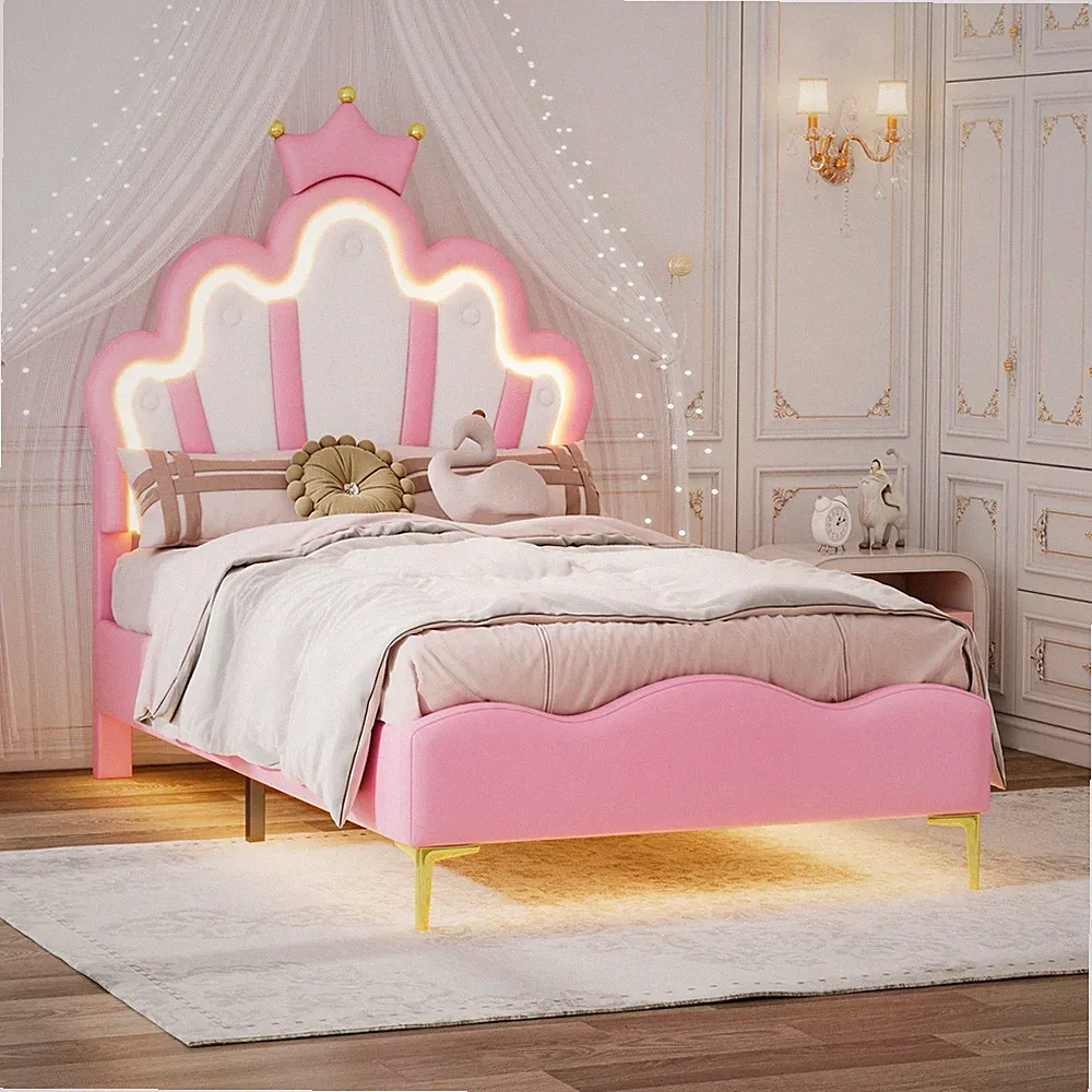 Polsterbett 90*200cm Kinderbett Prinzessin Bett für Mädchen Rosa Kronen-Kopfteil