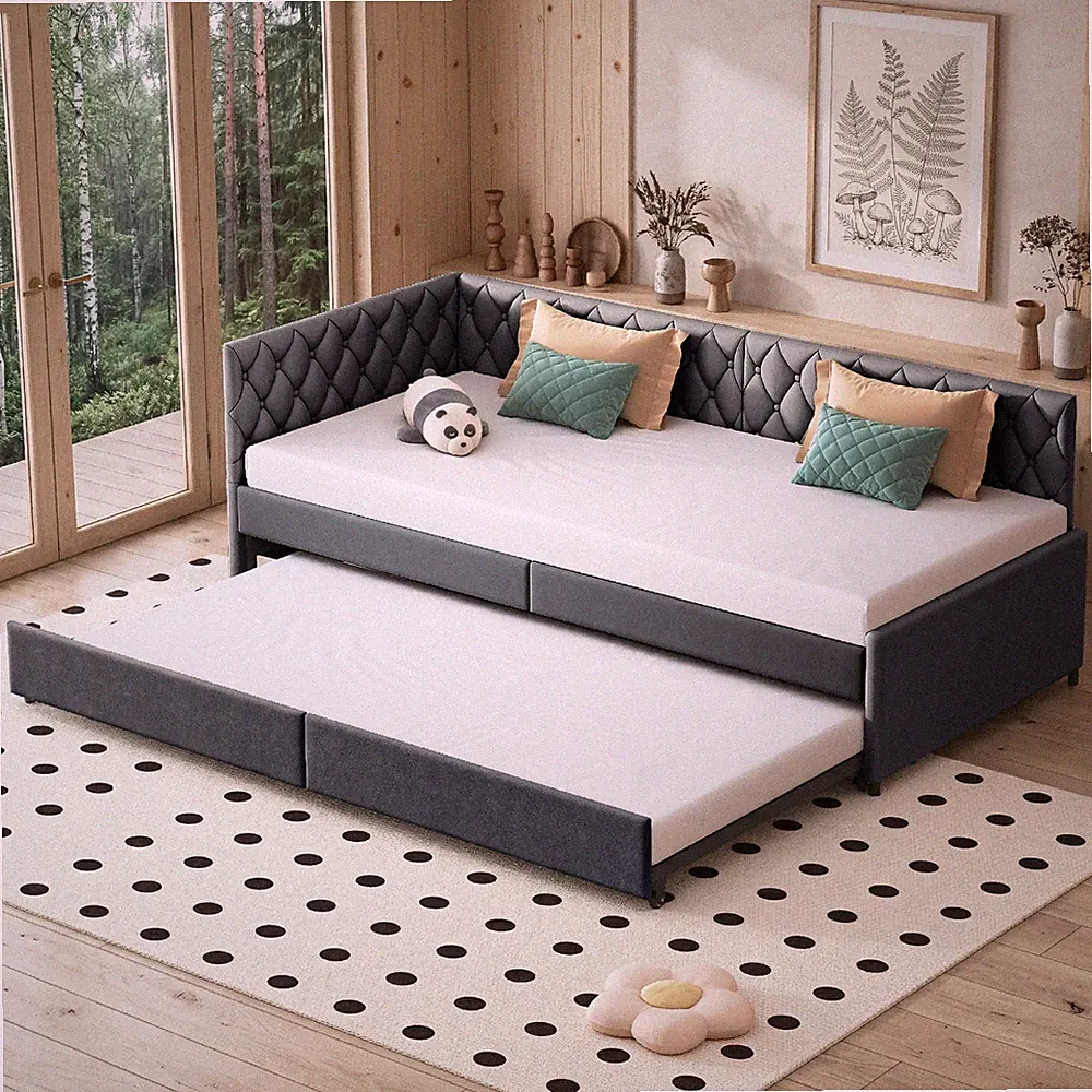 Polsterbett 90*200cm Tagesbett Ausziehbares Schlafsofa Doppelbett mit Lattenrost
