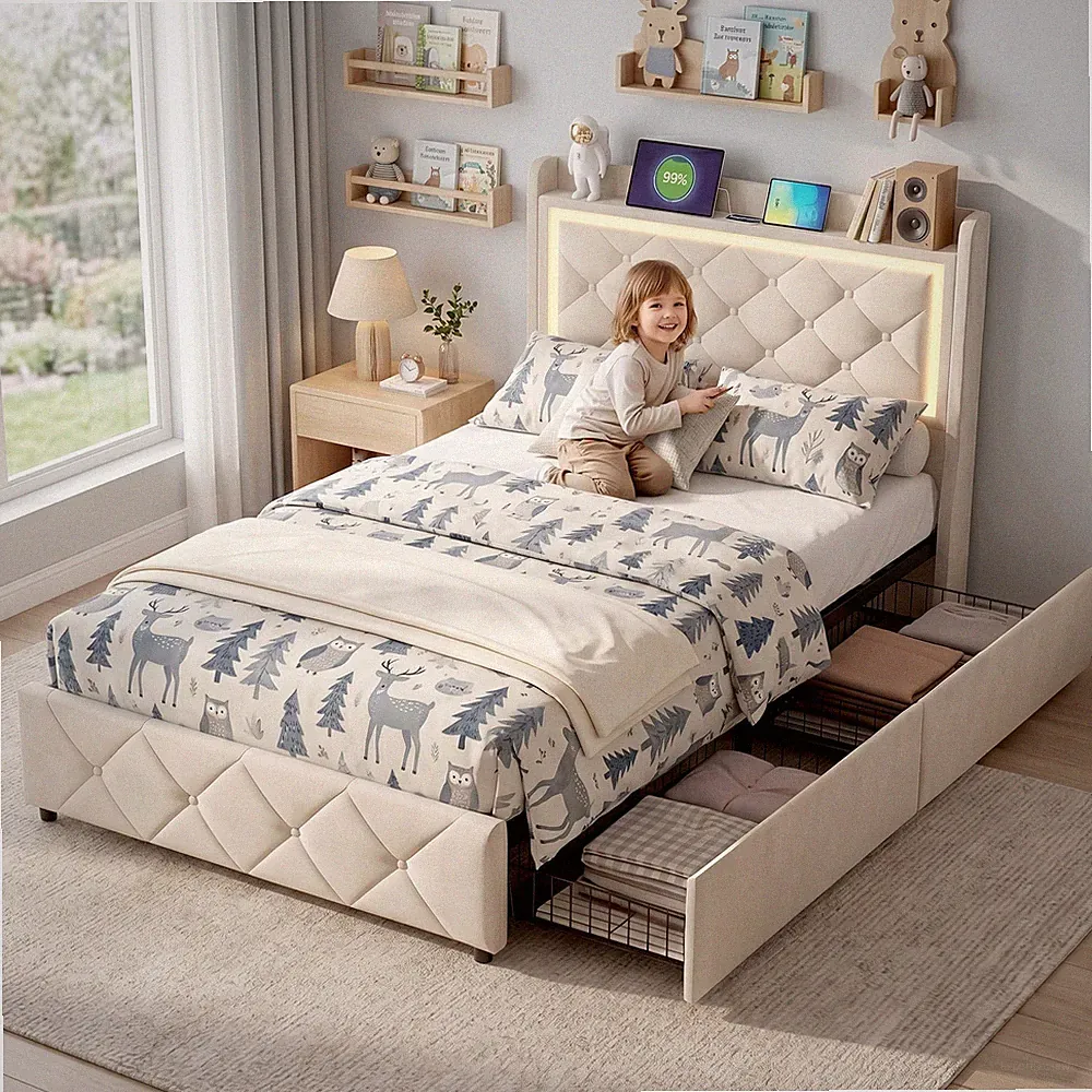 Polsterbett 90 x 200 cm Bettgestell Kinderbett mit Lattenrost LED Stauraumbett