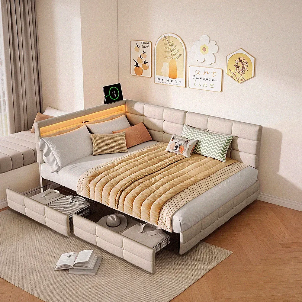 Polsterbett 90x200 140x200 Doppelbett mit Lattenrost Stauraum Schlafsofa mit LED