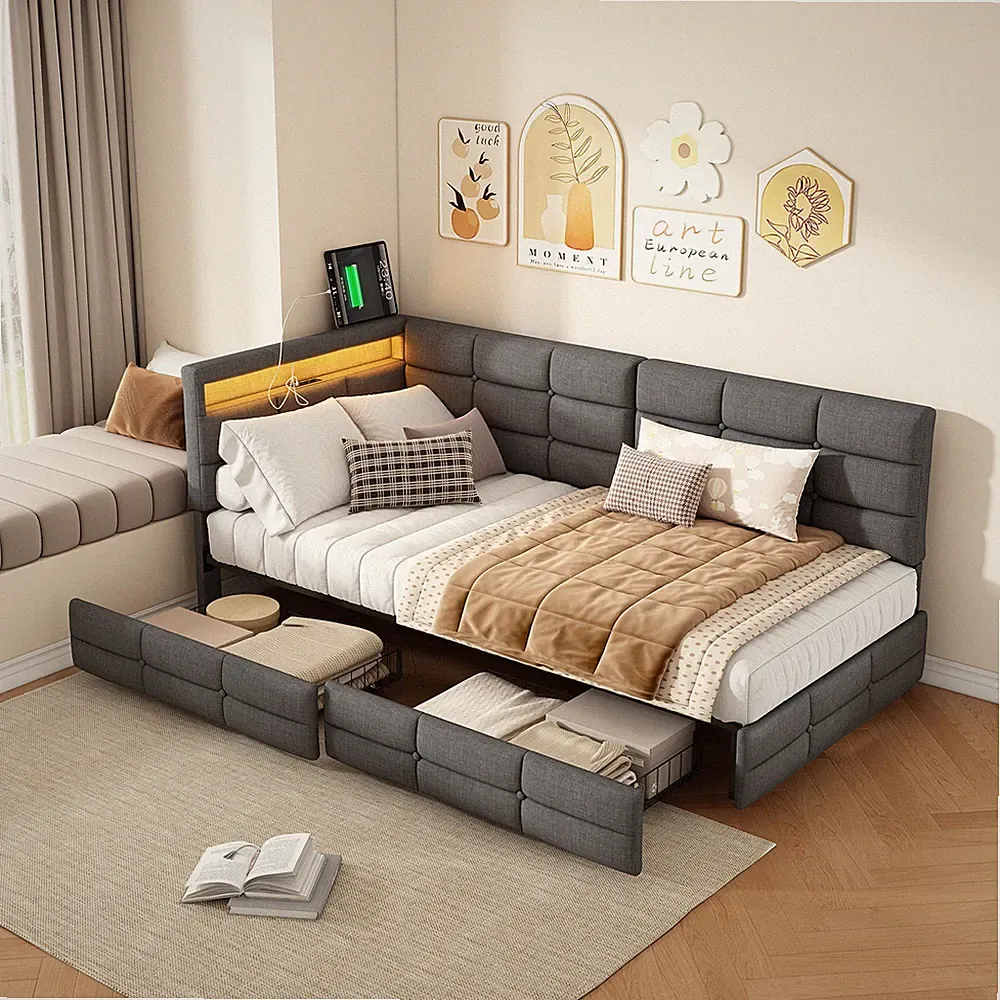 Polsterbett 90x200 140x200 Doppelbett mit Lattenrost Stauraum Schlafsofa mit LED
