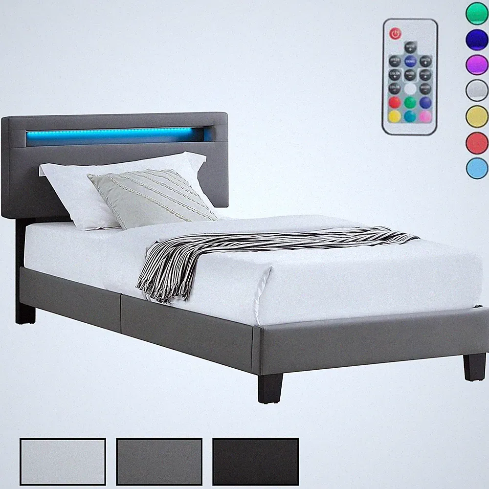 Polsterbett 90x200 cm Einzel Jugend Bett mit Kunstleder & LED Beleuchtung