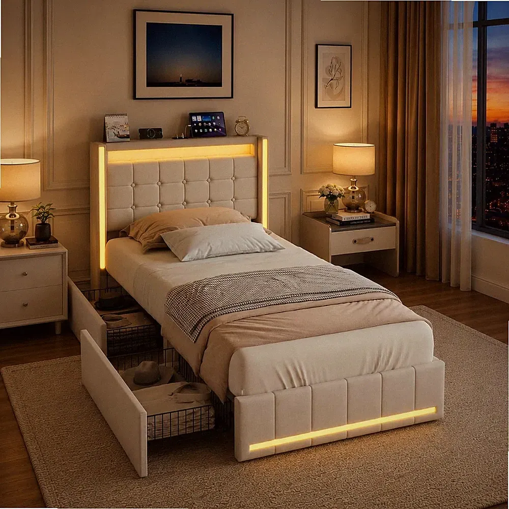 Polsterbett 90x200 cm Einzelbett Stauraumbett Bettgestell mit USB/LED Steckdose