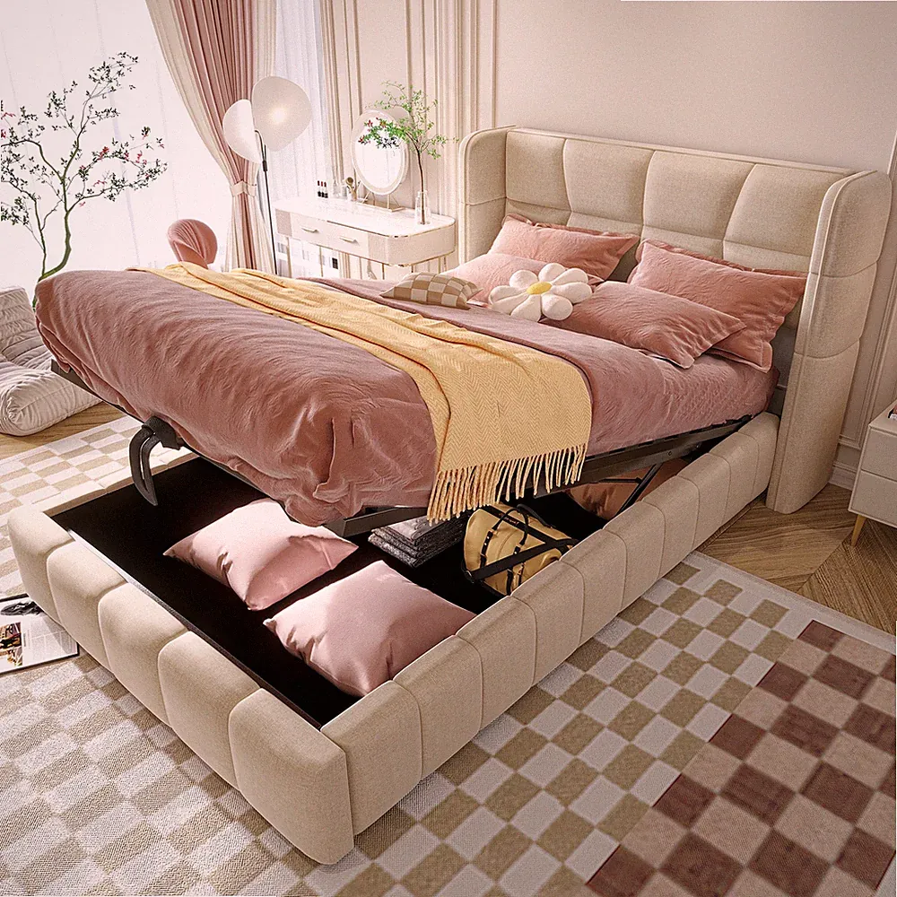 Polsterbett 90x200 cm für Kinder und Jugendliche mit Stauraum, Beige