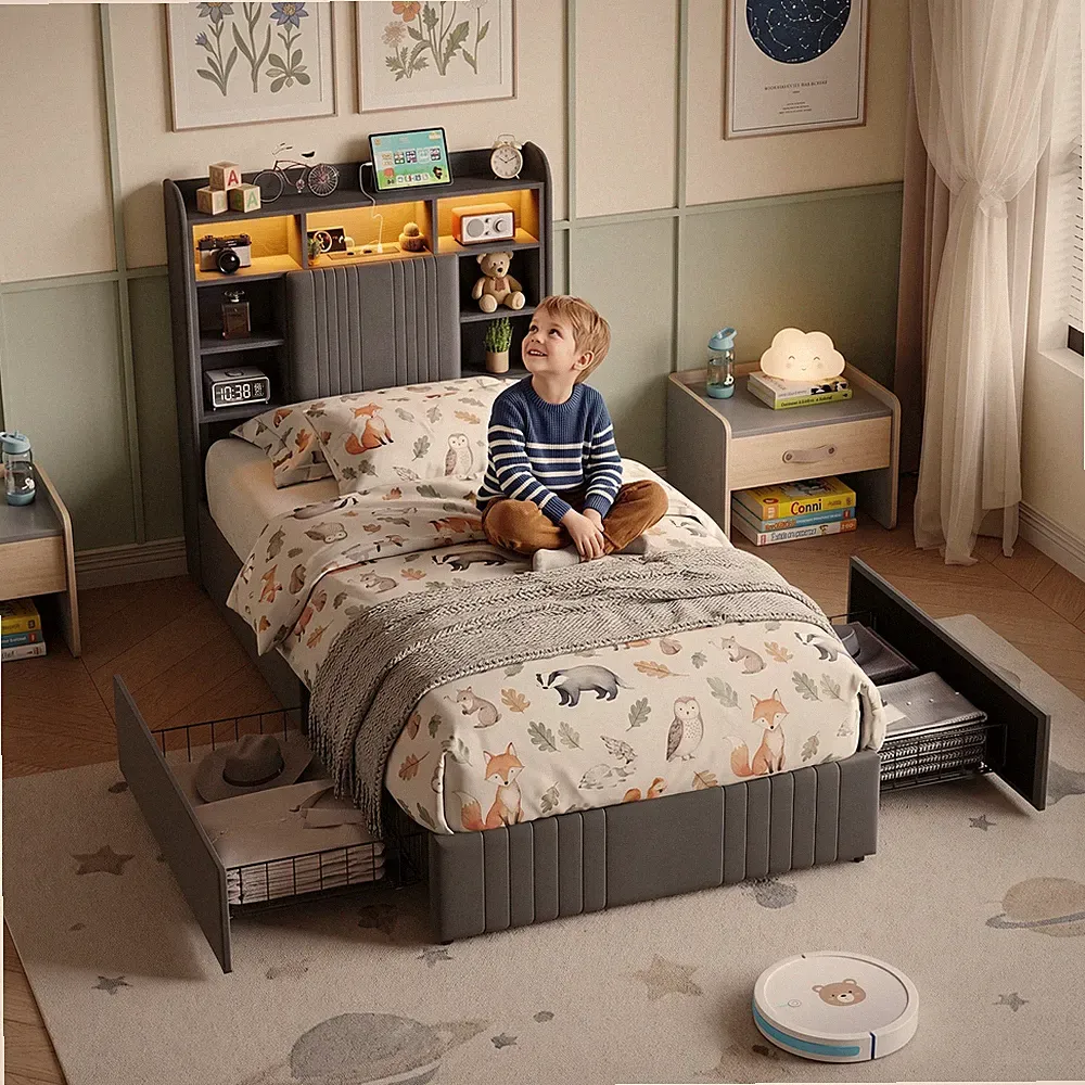 Polsterbett 90x200 cm Kinderbett LED/USB Bettgestell Jugendbett mit Lattenrost