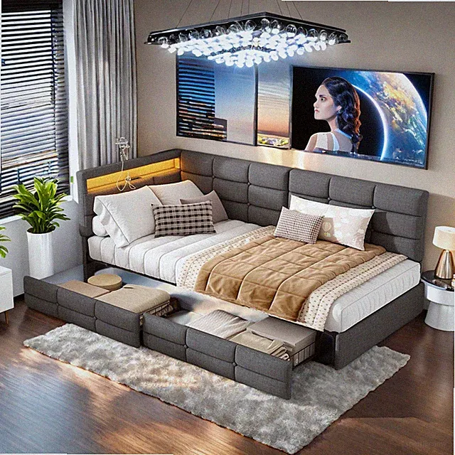 Polsterbett 90x200 cm mit LED USB,Einzelbett Bettgestell mit Lattenrost Stauraum