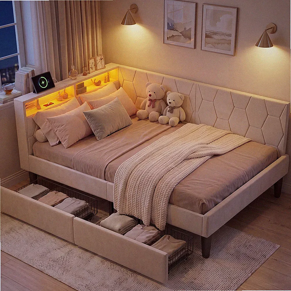 Polsterbett 90x200 cm mit LED USB,Einzelbett Stauraum Bettgestell mit Lattenrost