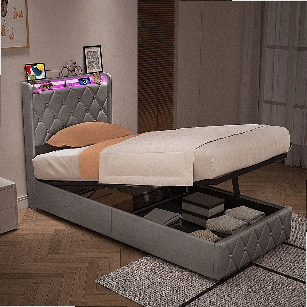 Polsterbett 90x200 cm mit LED USB Jugendbett Bettgestell mit Lattenrost Stauraum