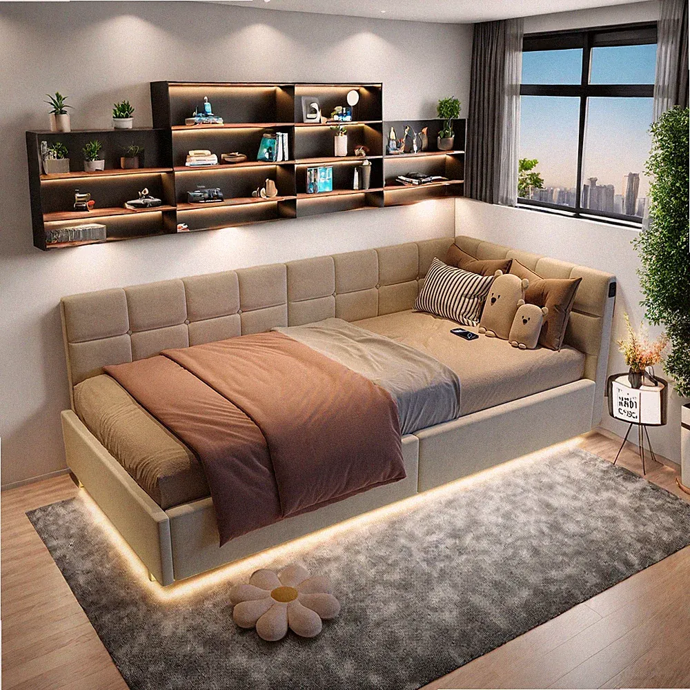 Polsterbett 90x200 cm mit LED USB Lattenrost Stauraum Boxspringbett Kinderbett