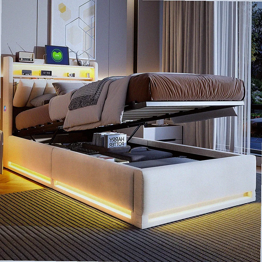 Polsterbett 90x200 cm mit LED USB Lattenrost Stauraum Kinderbett Boxspringbett