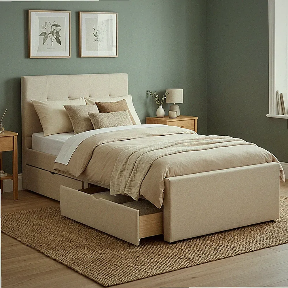 Polsterbett 90x200 cm mit Stauraum Einzelbett Bettkasten Bett Beige Homestyle4u