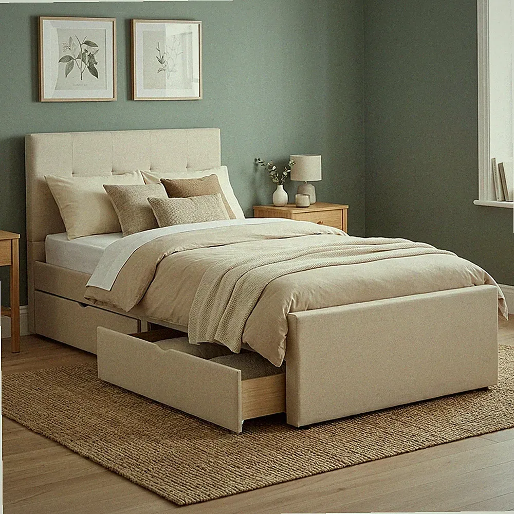 Polsterbett 90x200 cm mit Stauraum Einzelbett Bettkasten Bett Beige Homestyle4u