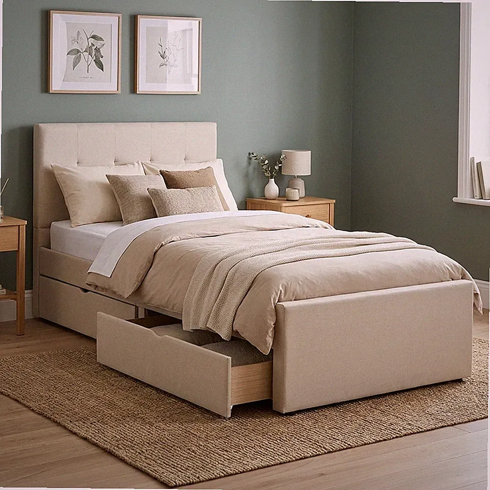 Polsterbett 90x200 cm mit Stauraum Einzelbett Bettkasten Bett Beige Homestyle4u