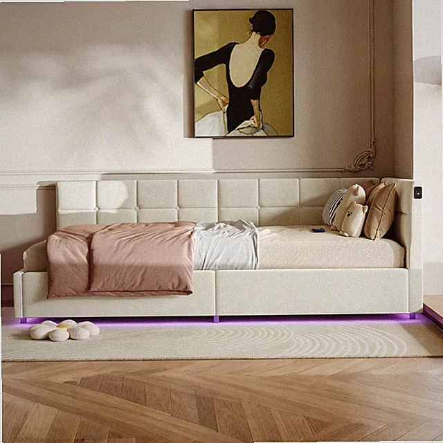 Polsterbett 90x200 cm, Schlafsofa,mit RGB und hydraulischem, USB, Lattenrost