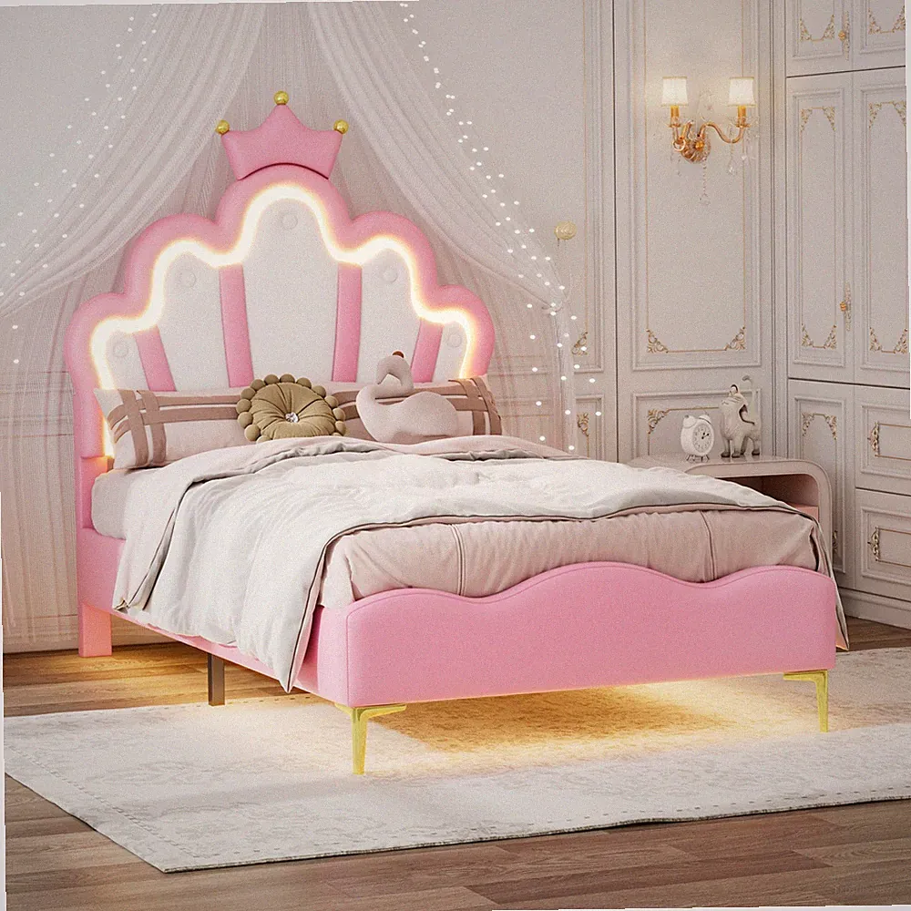 Polsterbett 90x200 Kinderbett Prinzessin Bett für Mädchen Rosa Kronen-Kopfteil