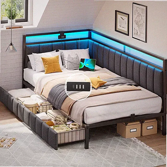 Polsterbett 90x200 mit LED-Beleuchtung USB, L-förmig, Metall, Schubladen