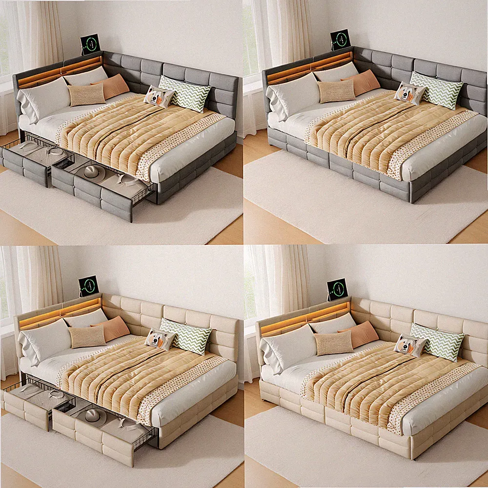 Polsterbett 90x200 Mit LED/ USB,Bettgestell 140x200 cm mit Lattenrost Stauraum