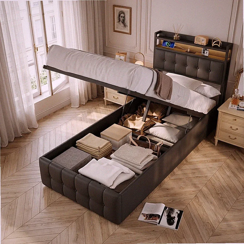 Polsterbett 90x200cm Boxspringbett mit LED, Stauraum Bettgestell mit Lattenrost