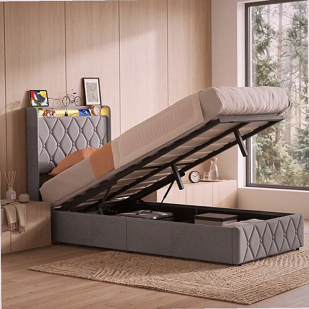 Polsterbett 90x200cm Doppelbett Stauraumbett Bettgestell mit LED USB Lattenrost