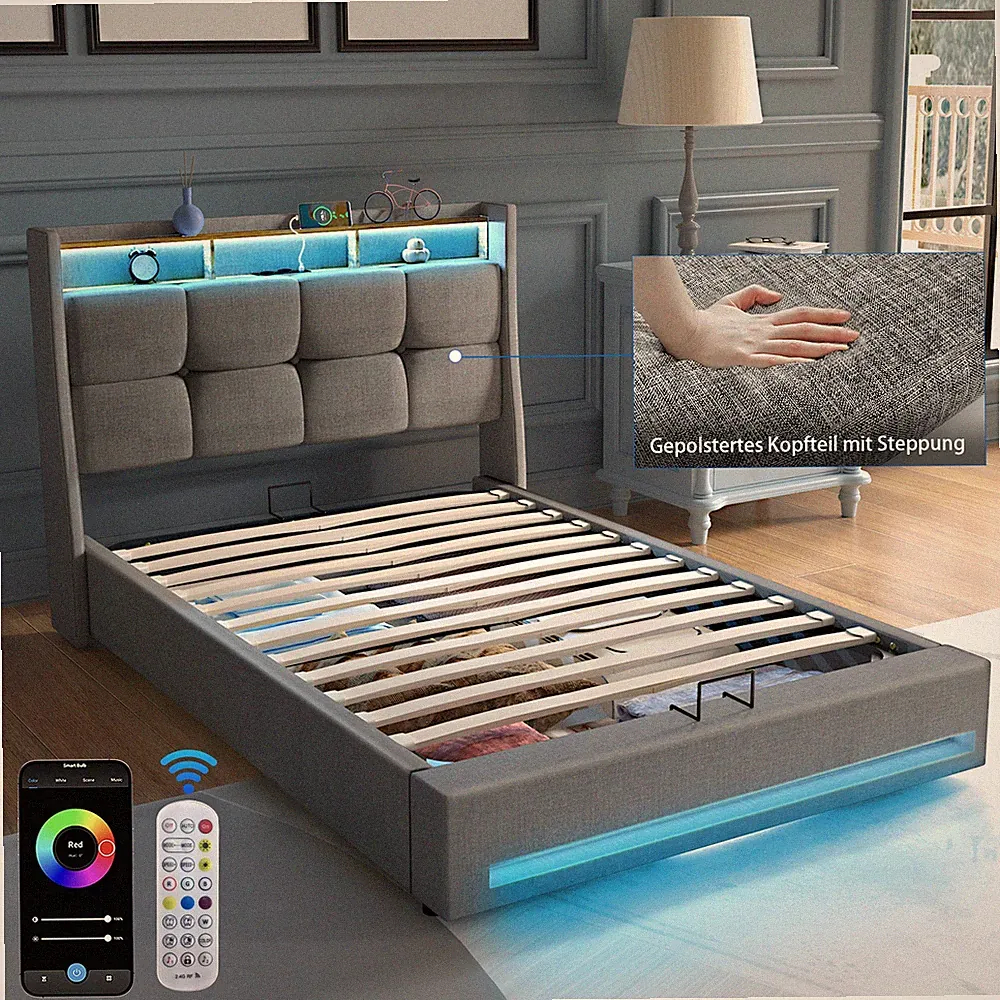 Polsterbett 90x200cm Doppelbett Stauraumbett Bettgestell mit USB/LED Lattenrost