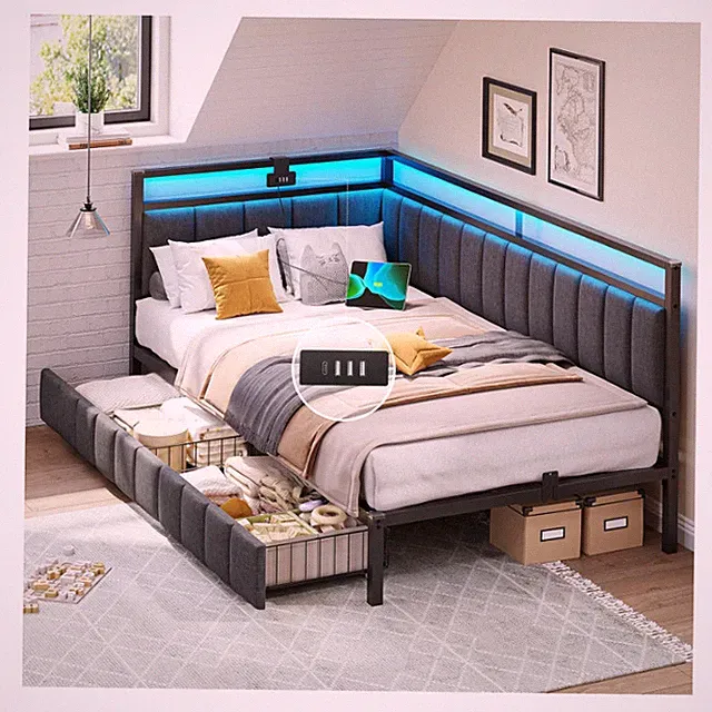Polsterbett 90x200cm Dunkelgrau Schlafsofa RGB LED Beleuchtung Modernes Design