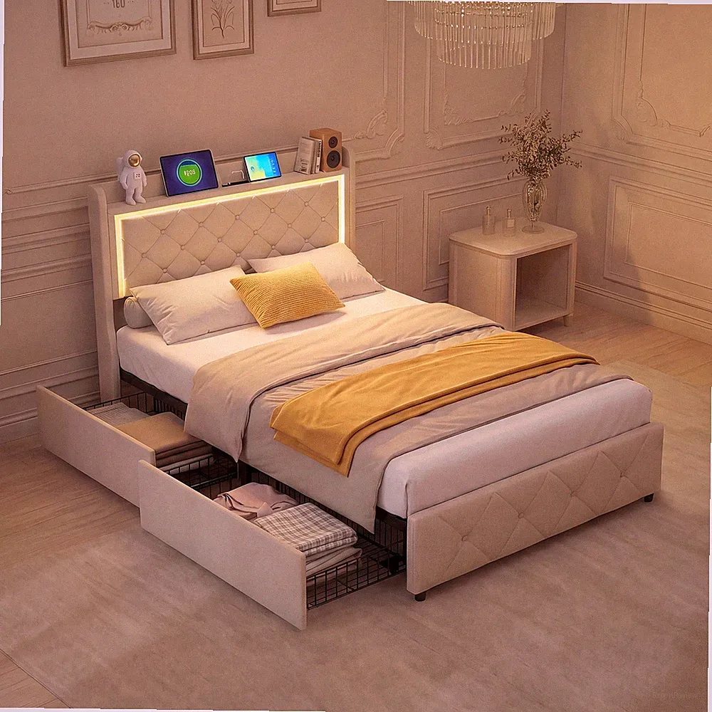 Polsterbett 90x200cm Einzelbett Jugendbett mit 2 Schubladen LED&USB Stauraumbett