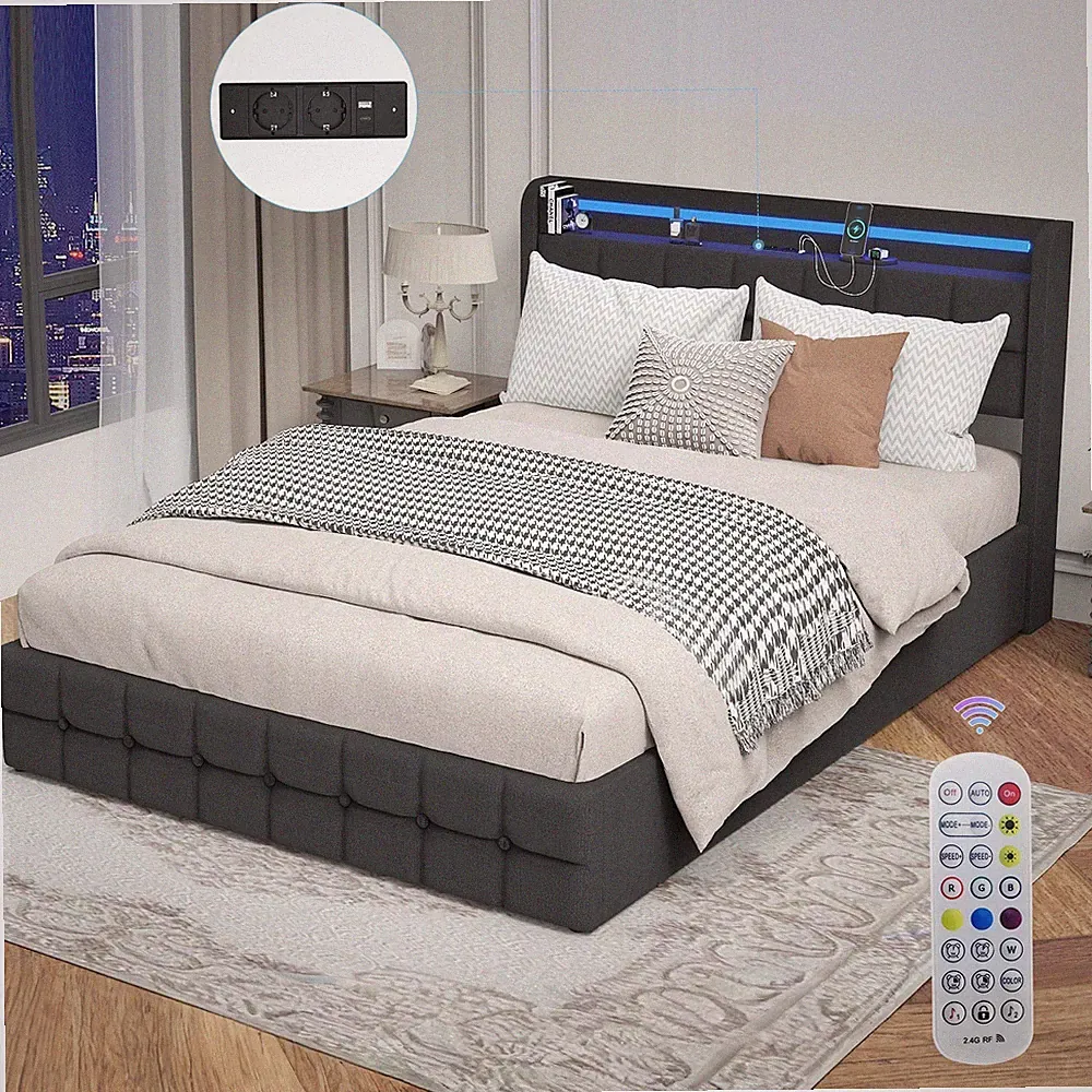 Polsterbett 90x200cm Einzelbett Stauraumbett Bettgestell mit Ladefunktion USB/AC