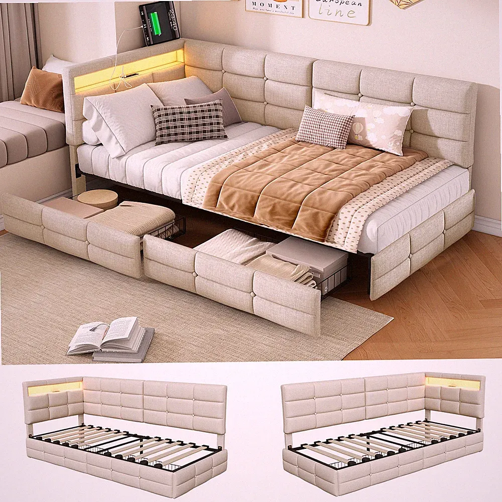 Polsterbett 90x200cm Kinderbett Bettgestell mit USB/LED Stauraum Lattenrost Bett