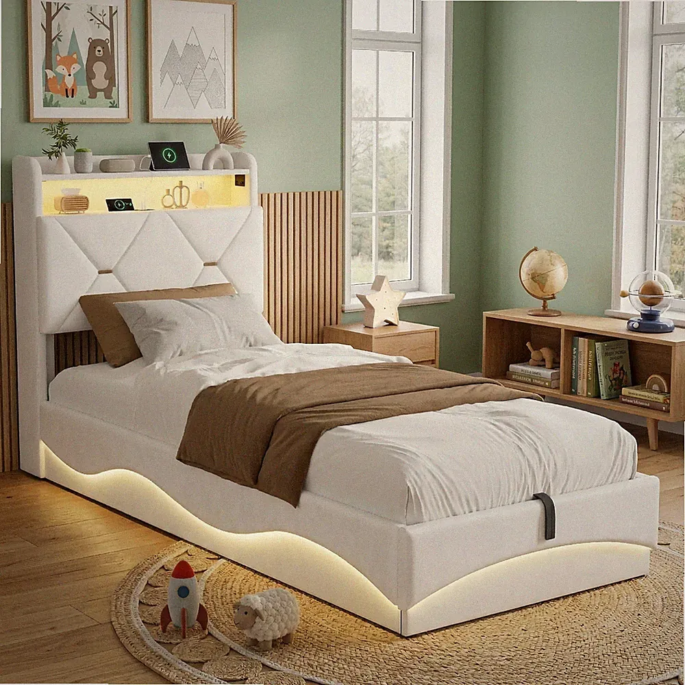 Polsterbett 90x200cm mit LED Stoff Stauraum Bettgestell Jugendbett Einzelbett