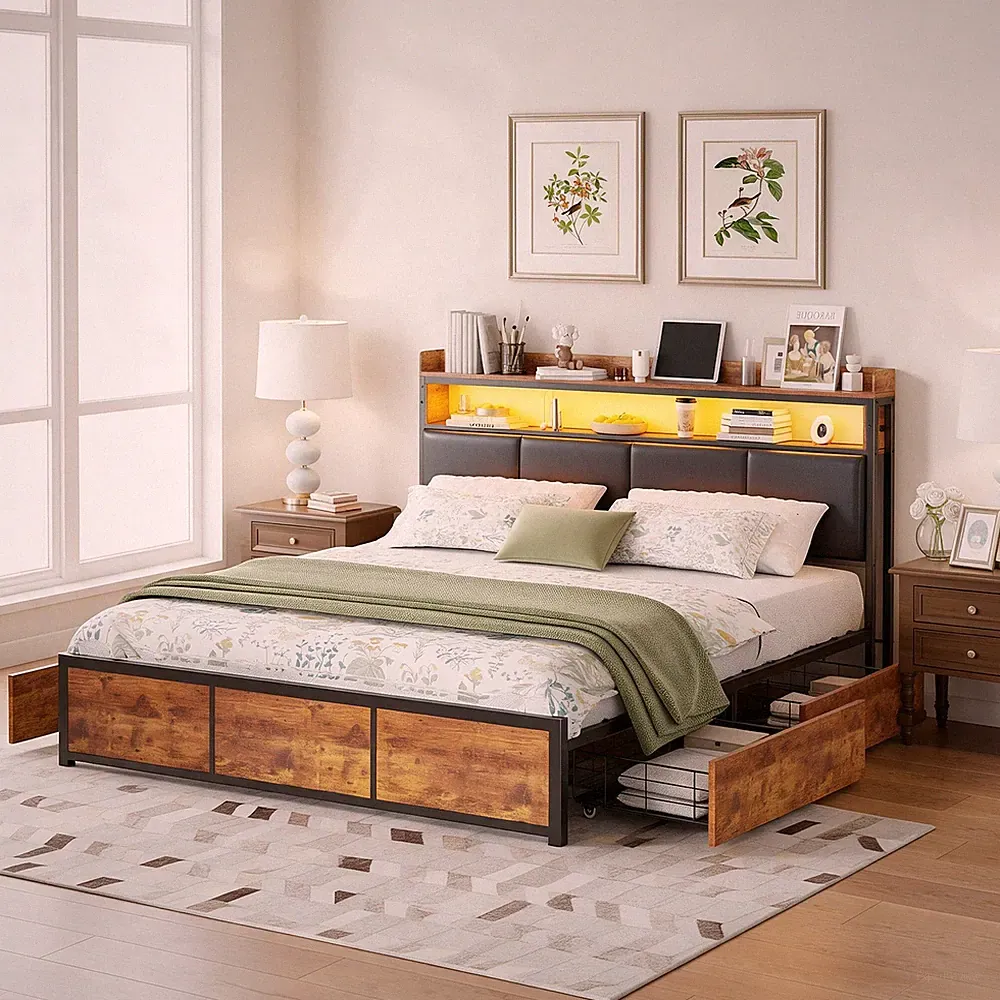 Polsterbett Bett 140x200cm Stauraum,Doppelbett mit Lattenrost,LED-Stauraumbett