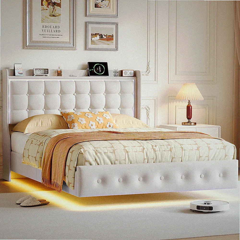 Polsterbett Bett 160x200 cm mit LED & USB Doppelbett Bettgestell mit Lattenrost