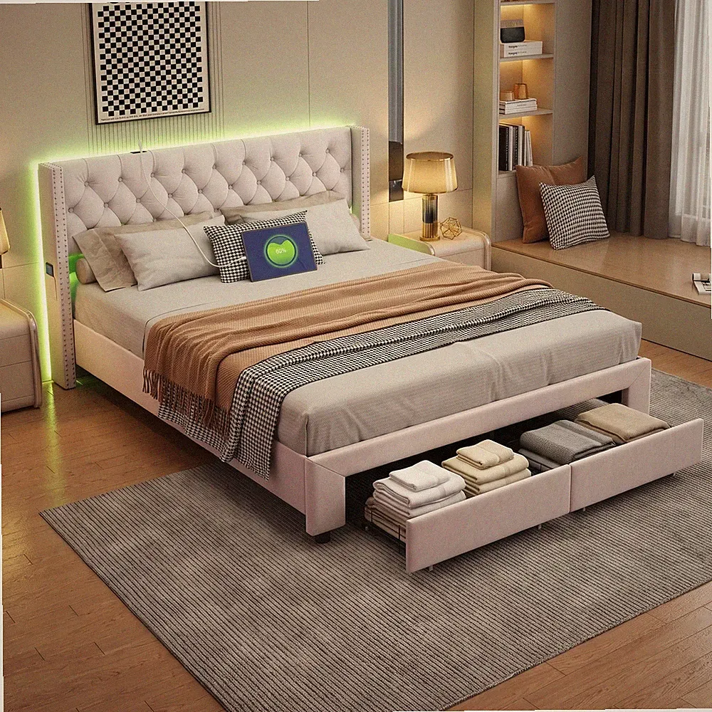 Polsterbett Bett 180x200 cm mit LED USB,Doppelbett mit Lattenrost Stauraumbett