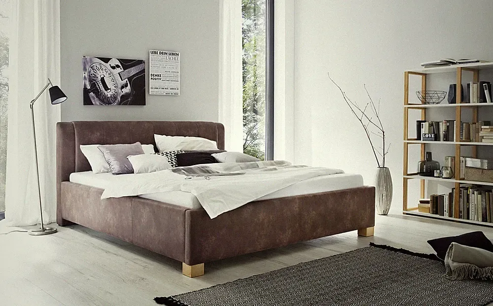 Polsterbett Bett Doppelbett - ROM -140x200 cm Stoffbezug Vintage Braun