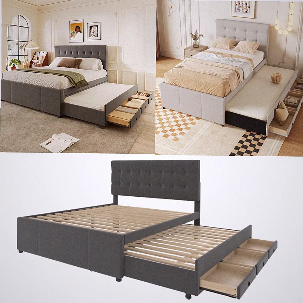 Polsterbett Bett mit 3 Schubladen Ausziehbares Rollbett Verstellbares Kopfteil