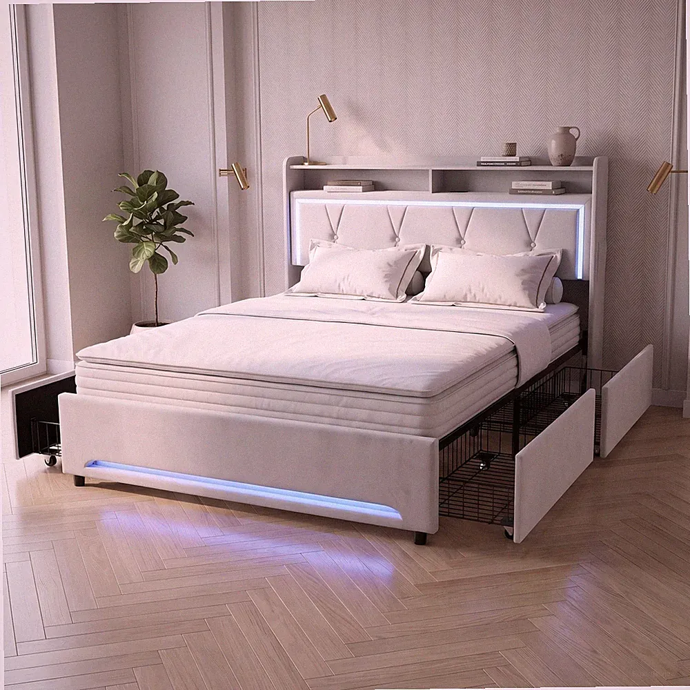 Polsterbett Bettgestell mit Stauraum LED Lattenrost Doppelbett 140x200 160x200cm