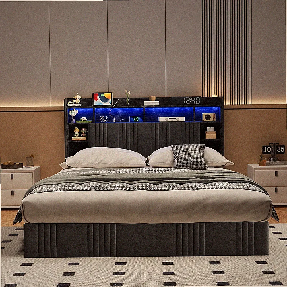 Polsterbett Bettgestell Stauraumbett LED USB Grau Leinen 160x200 cm Doppelbett