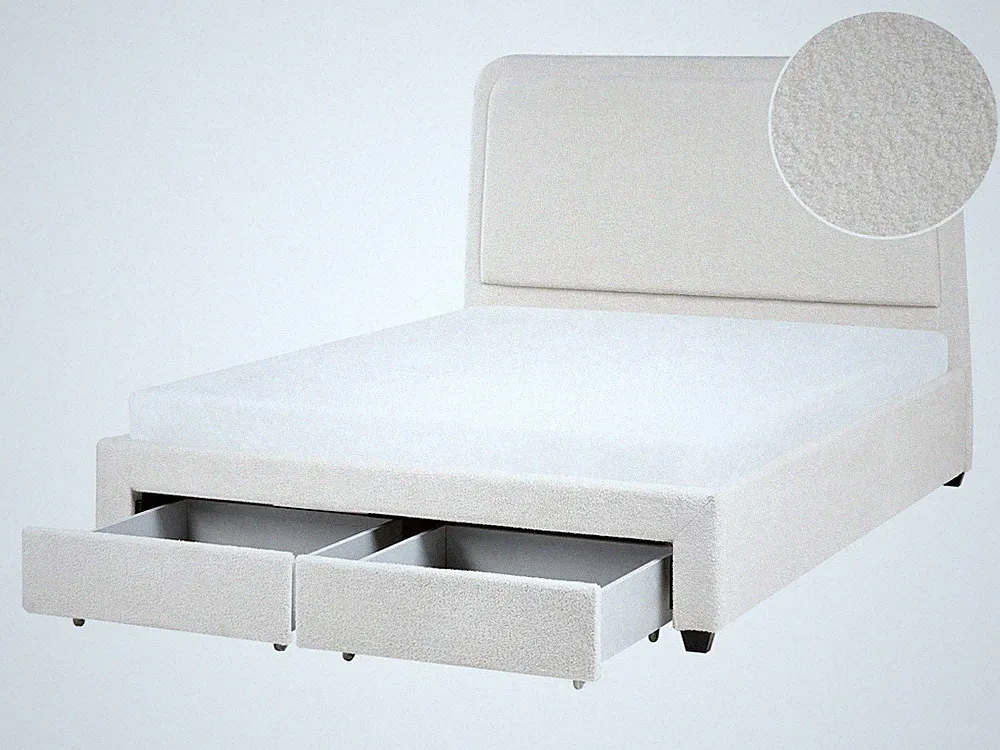 Polsterbett Bouclé Stoff 140 x 200 cm cremeweiß mit Stauraum Schubladen Sardent