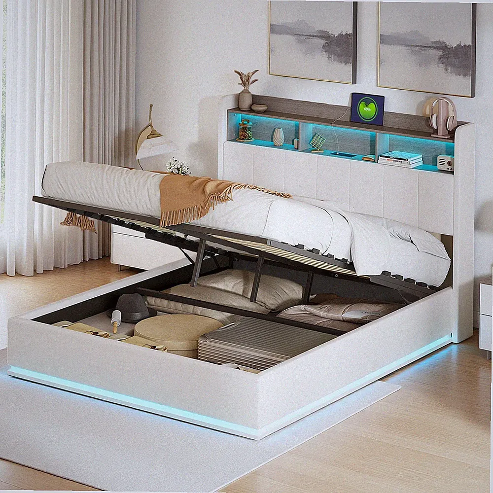 Polsterbett Boxspringbett 140x190 Mit LED und USB Lattenrost Stauraumbett Samt