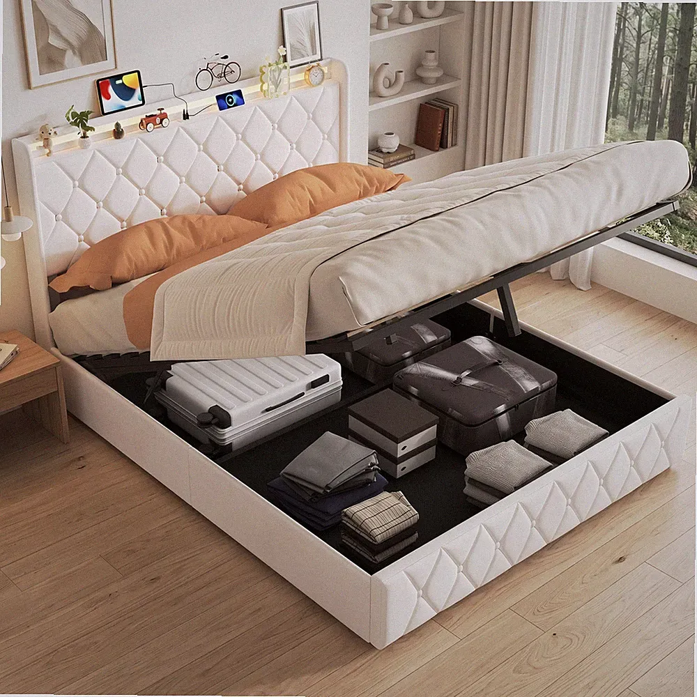 Polsterbett Boxspringbett 140x200 cm Lattenrost Stauraum Doppelbett mit LED USB