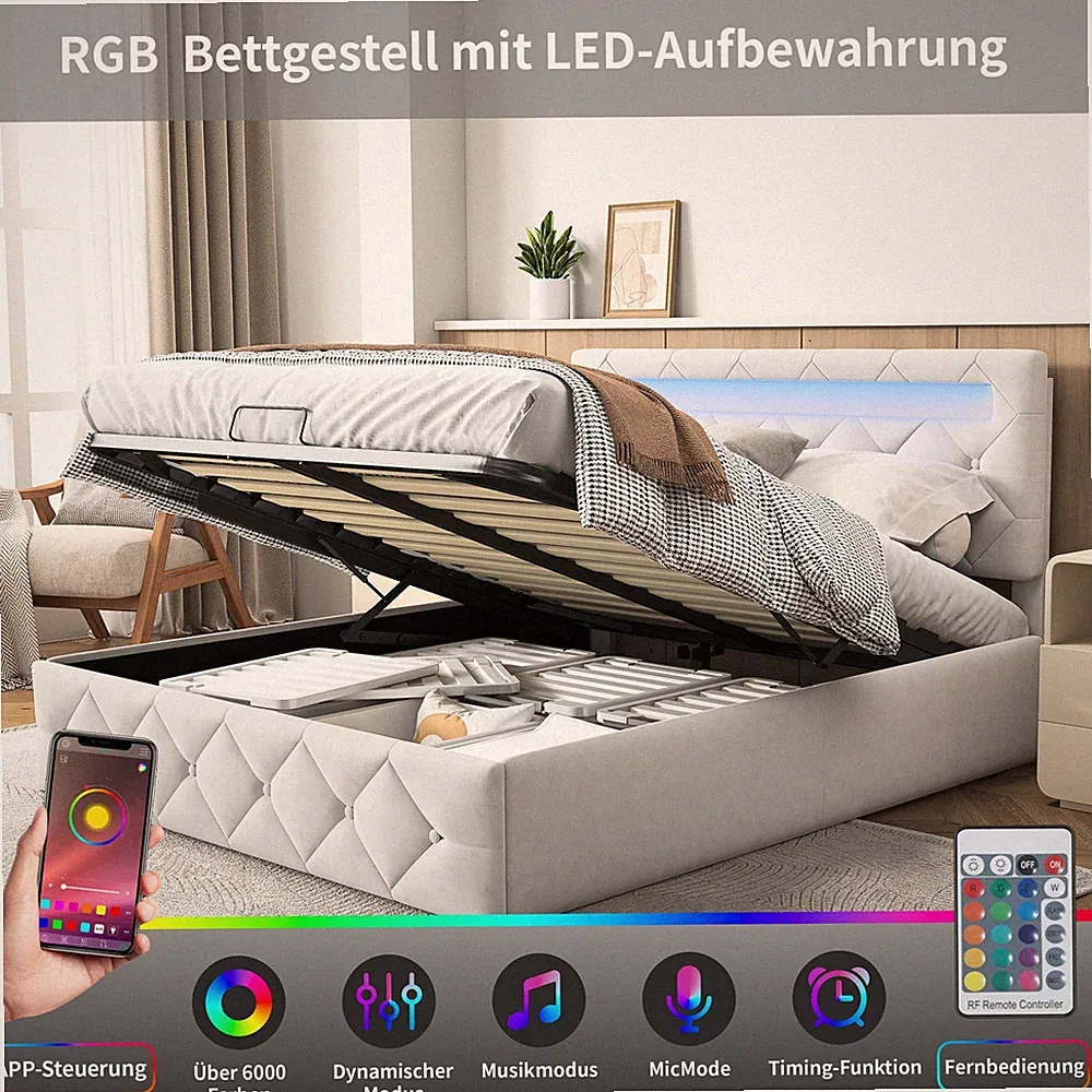 Polsterbett Boxspringbett 140x200 cm mit LED,Lattenrost,Stauraum Doppelbett Samt