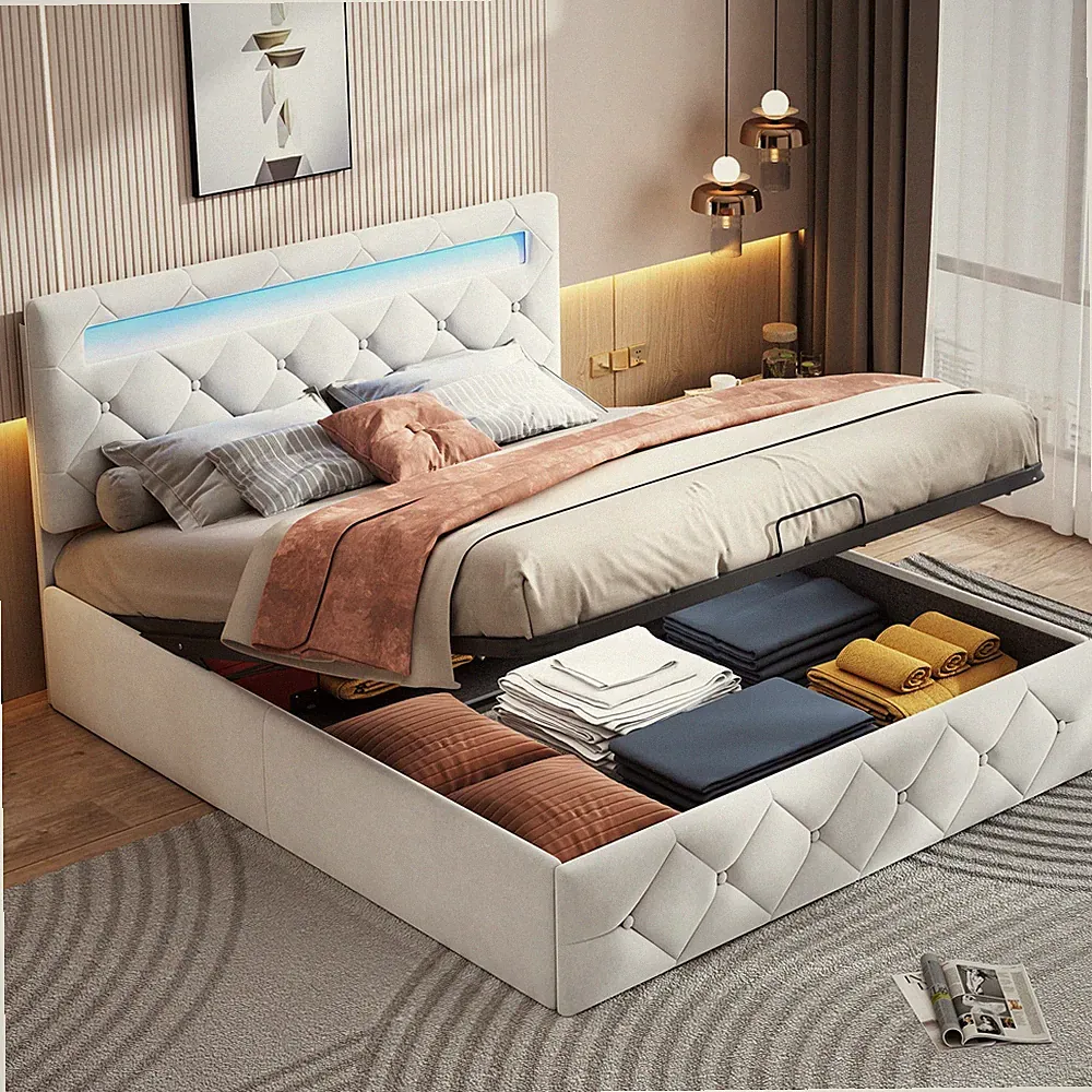 Polsterbett Boxspringbett 140x200 cm mit LED Stauraum Lattenrost Doppelbett Samt