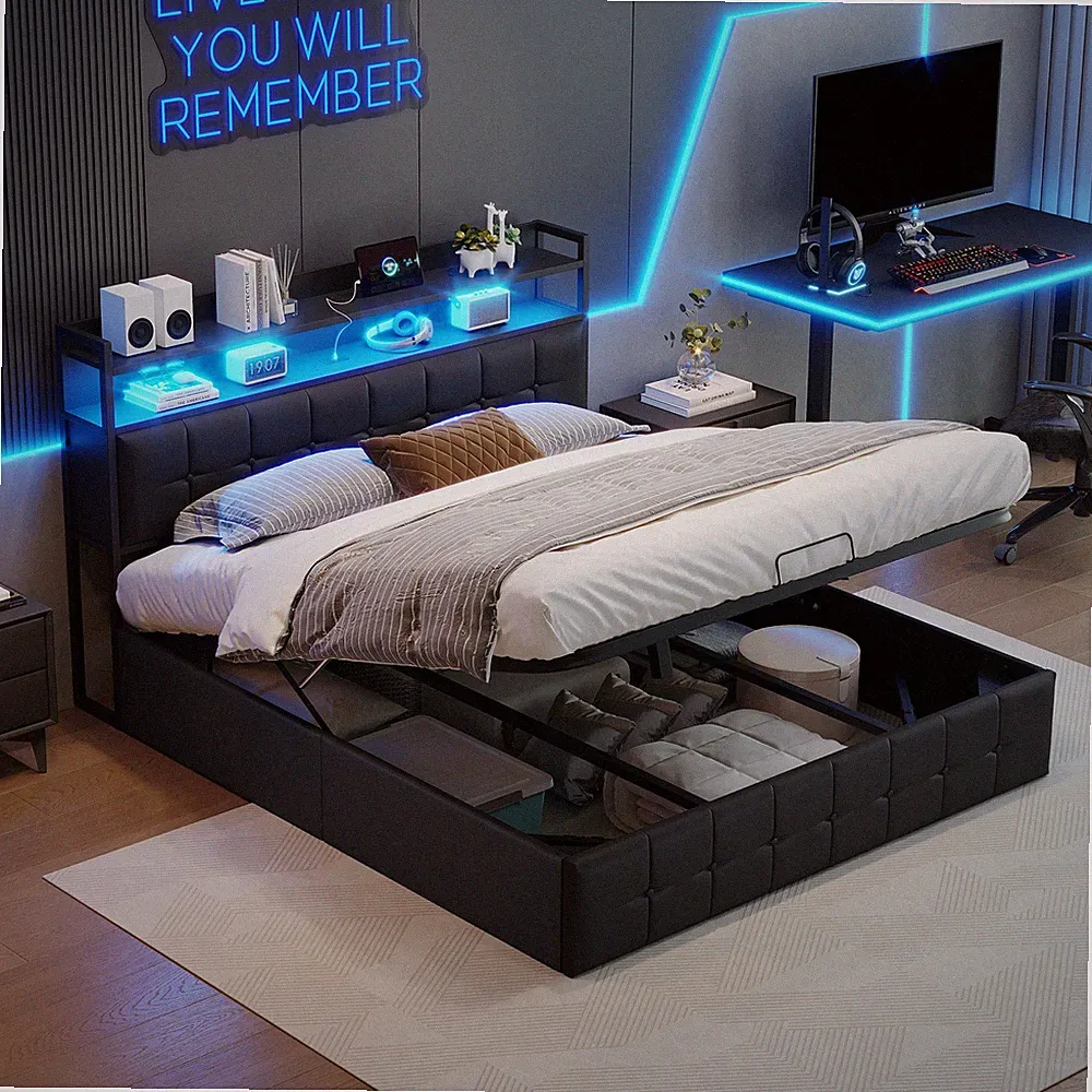 Polsterbett Boxspringbett 140x200 cm Mit LED,USB Stauraum Lattenrost Doppelbett